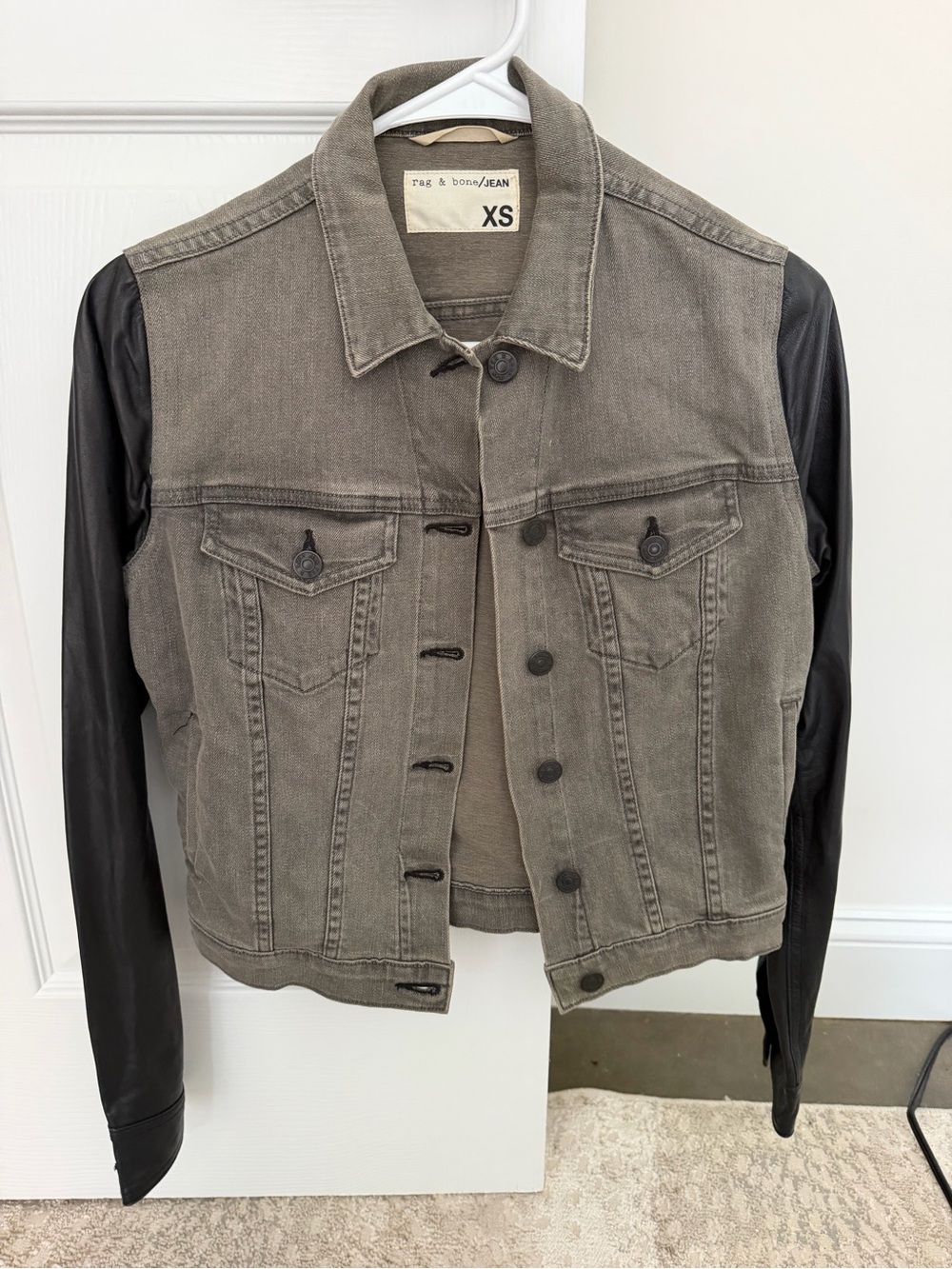 rag & bone Two-Tone Gray Denim Jacket with Black Leather Sleeves, XS